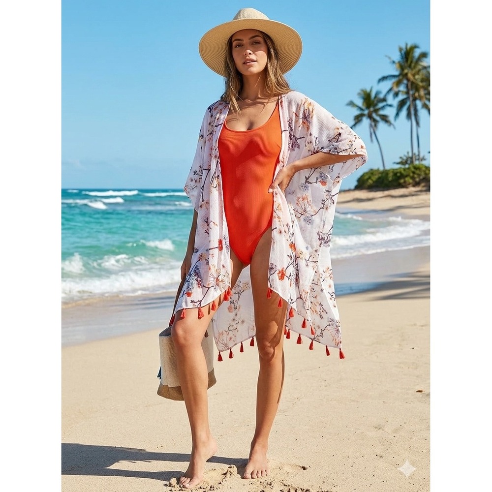 Woven Heart Floral Kimono Cover Up White Orange Tassel Trim One Size OS Boho